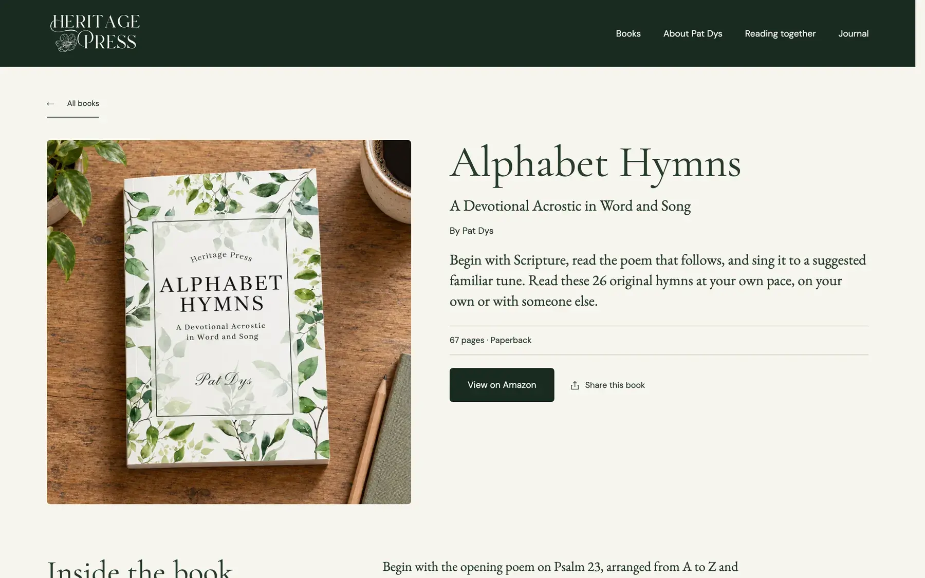 Alphabet Hymns book page with its cover and a View on Amazon button.