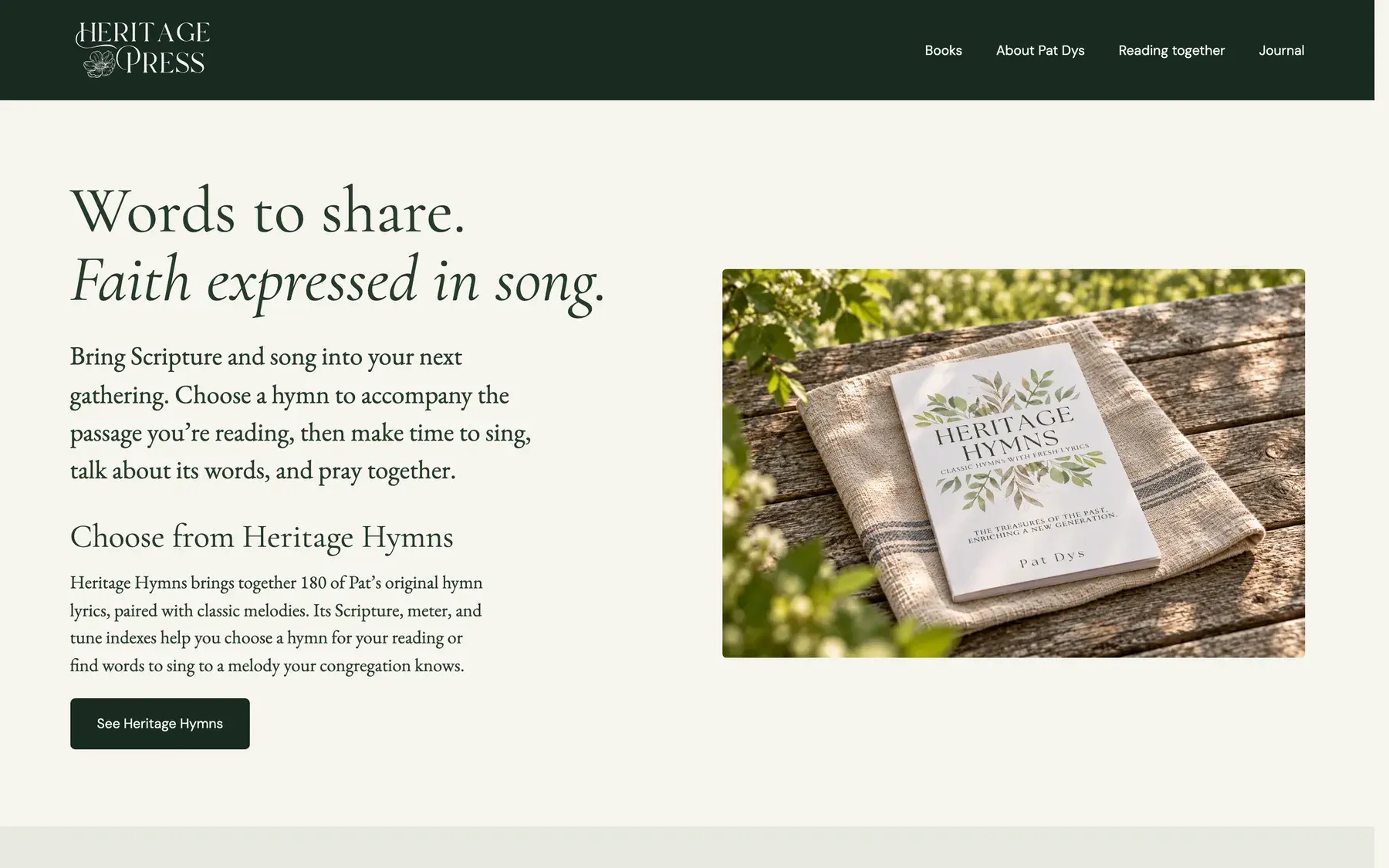 Heritage Press page for churches, headed Words to share. Faith expressed in song.