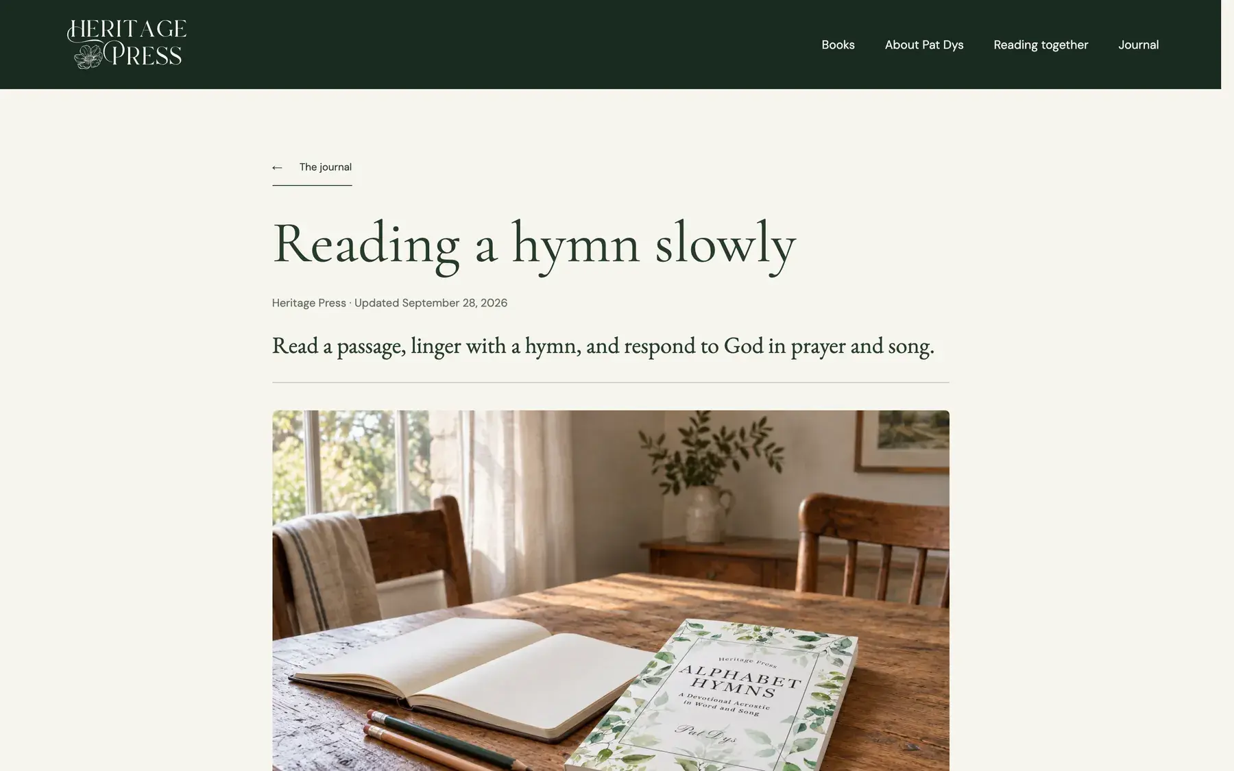 Heritage Press journal article titled Reading a hymn slowly.